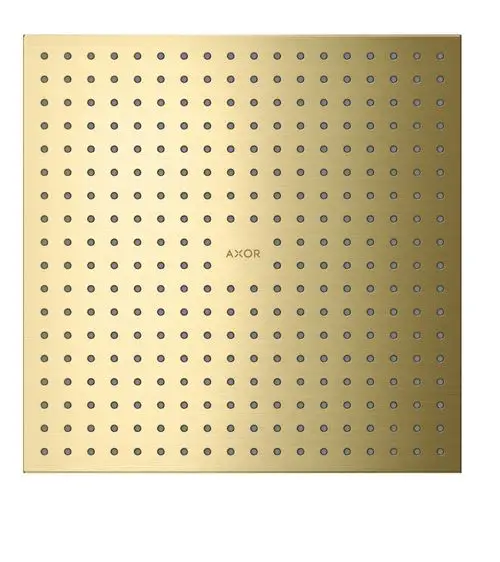 Kopfbrause in gebürstetem Messing mit gleichmäßig verteilten Düsen. Markenzeichen "AXOR" sichtbar in der Mitte. Design für Deckenmontage.